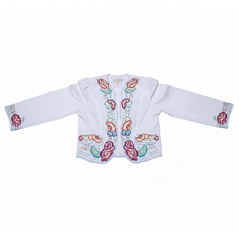 Casual Living Embroidered White Linen‎ Blend Jacket Blazer Womens M Floral - Picture 3 of 4